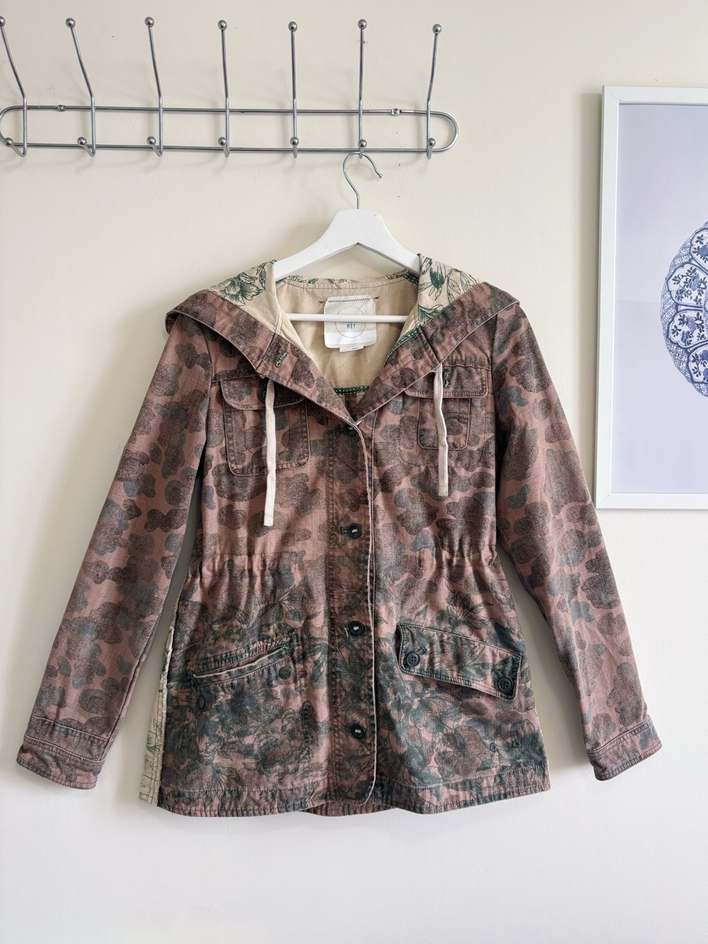 Anthropologie Hei Hei Utility Anorak Jacket Floral Camo Hooded Canvas | Small